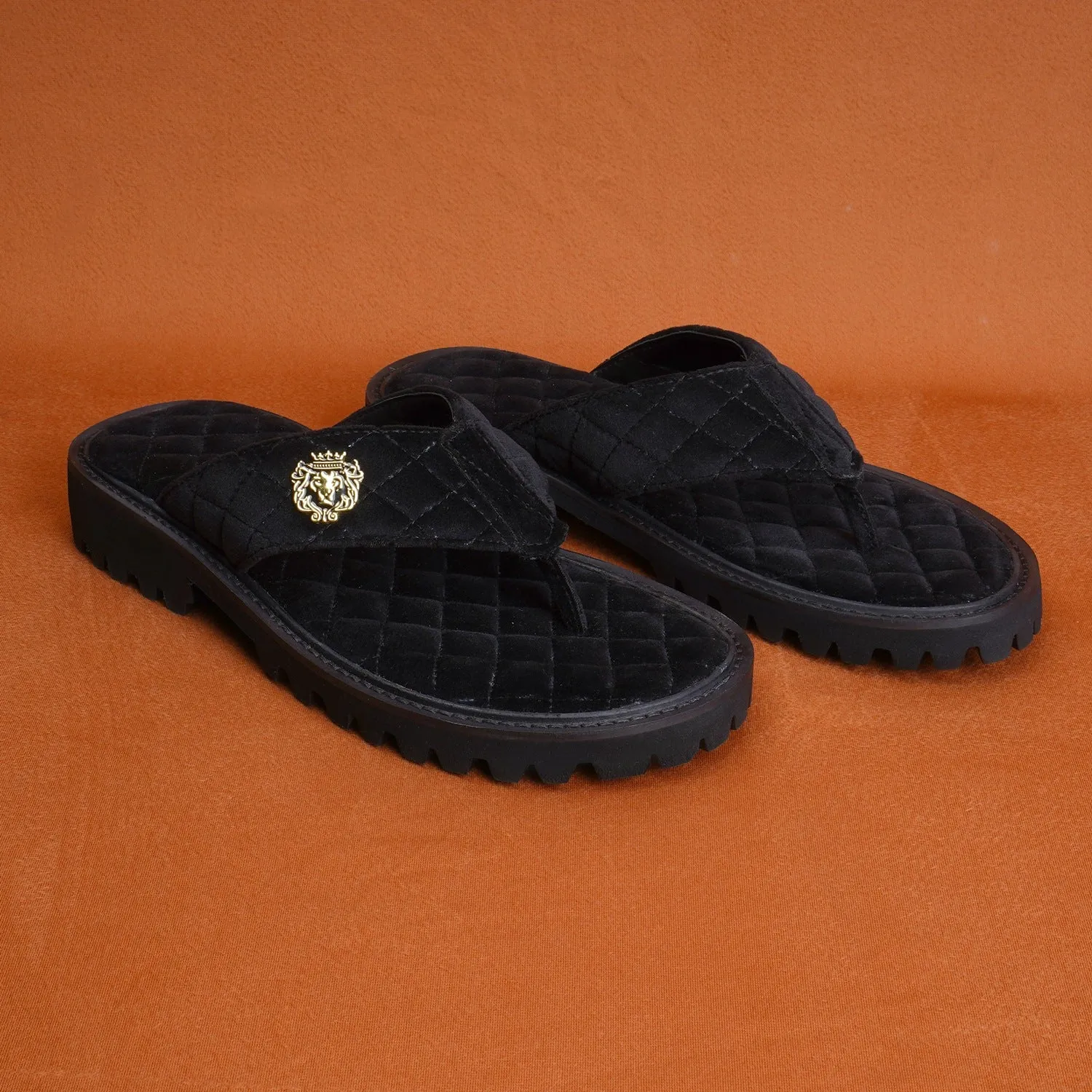 V-Strap Chunky Sole Slipper in Black Italian Velvet
