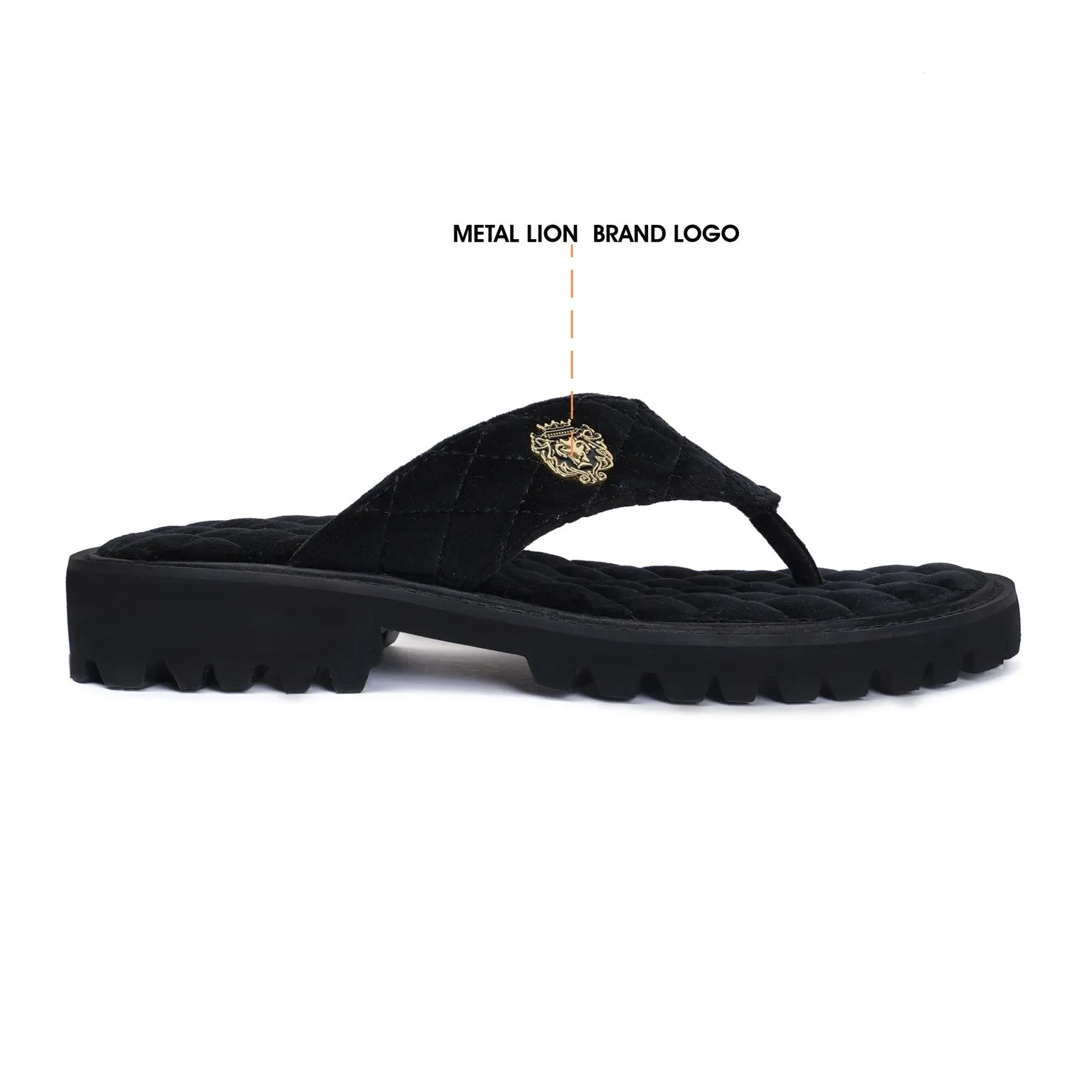 V-Strap Chunky Sole Slipper in Black Italian Velvet