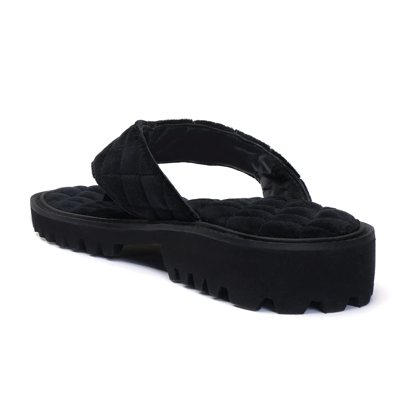 V-Strap Chunky Sole Slipper in Black Italian Velvet