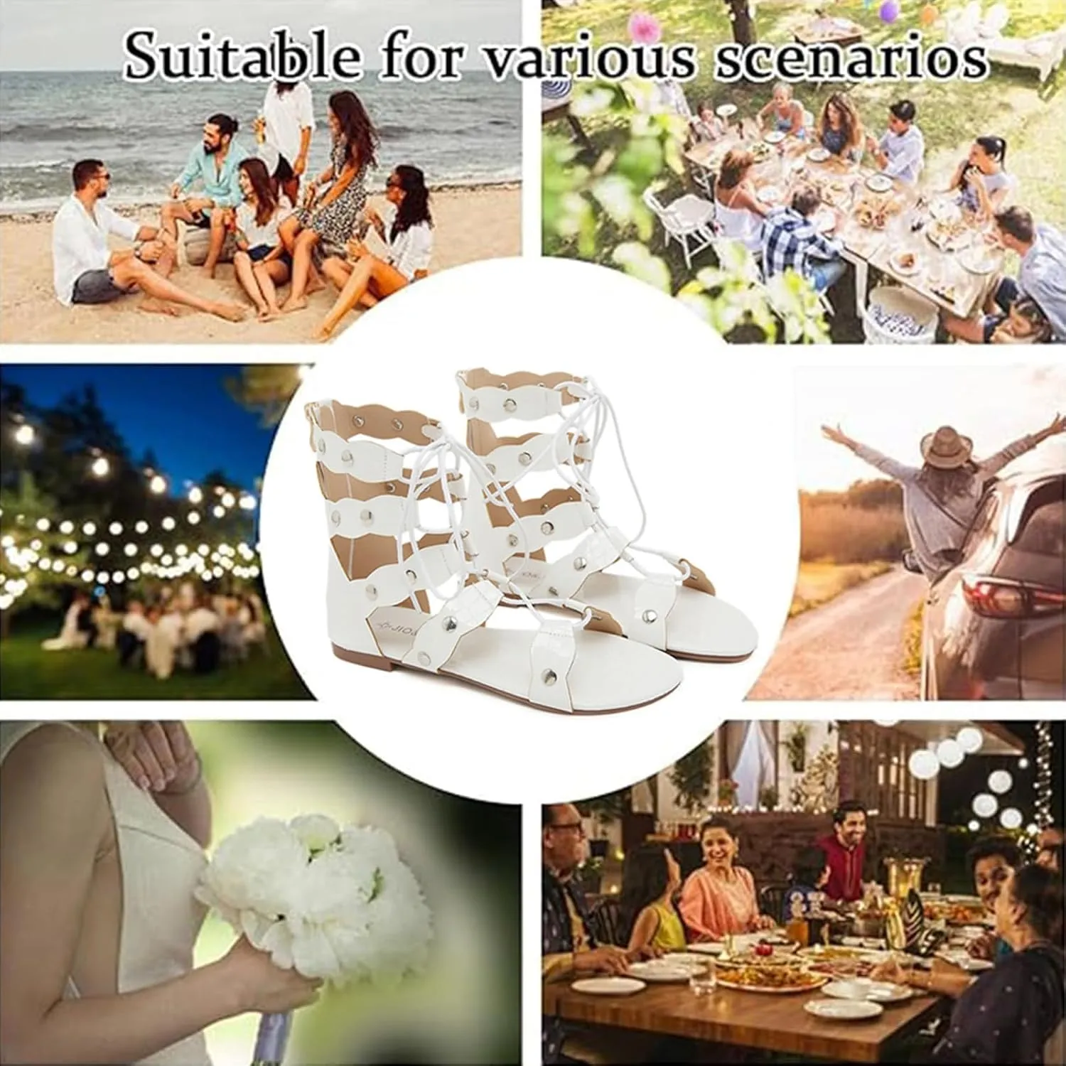 Women's Leather Strappy Roman Flat Sandals Fashion Comfortable Back Zipper Hollow Out Gladiator Sandals for Party Work Outdoor
