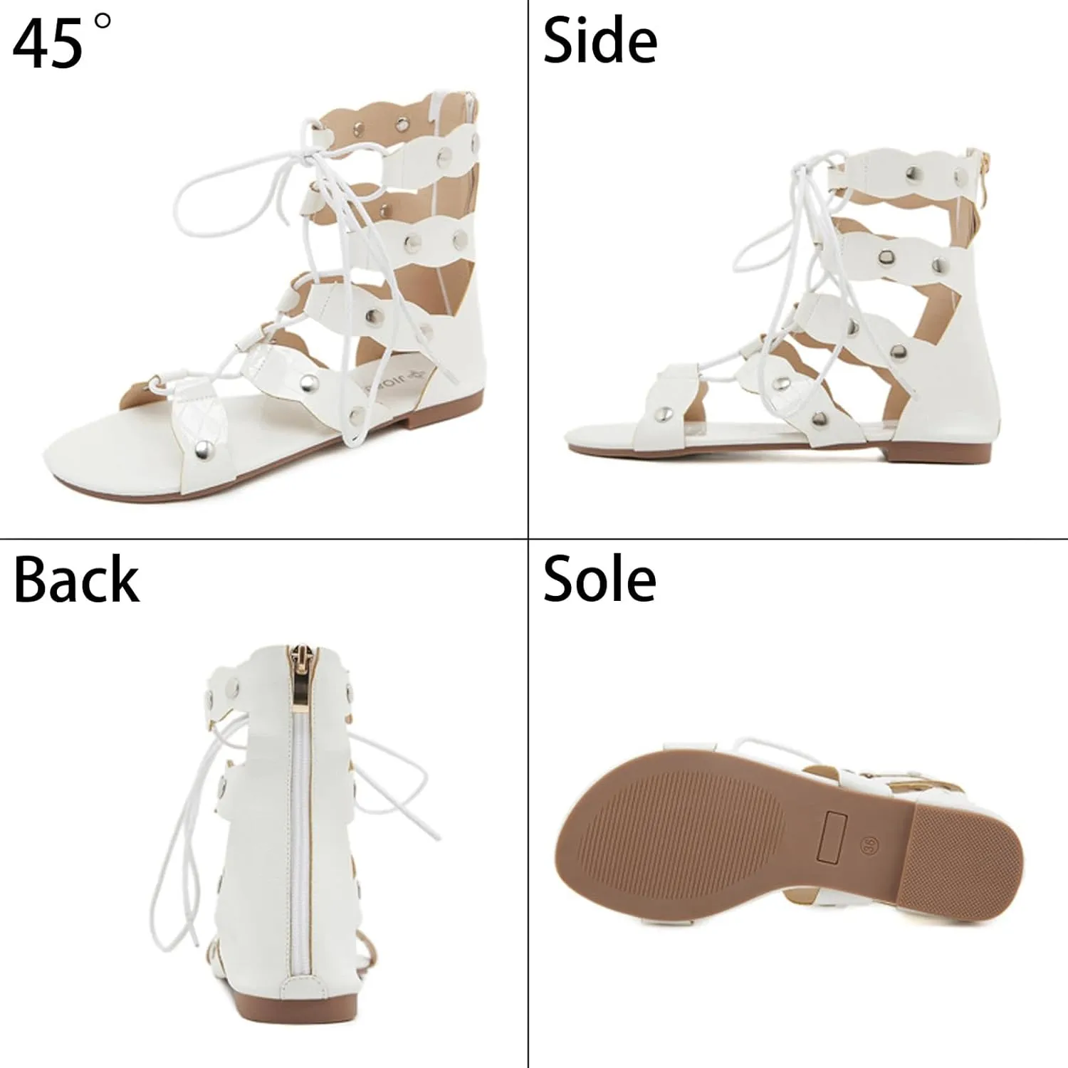 Women's Leather Strappy Roman Flat Sandals Fashion Comfortable Back Zipper Hollow Out Gladiator Sandals for Party Work Outdoor