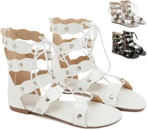 Women's Leather Strappy Roman Flat Sandals Fashion Comfortable Back Zipper Hollow Out Gladiator Sandals for Party Work Outdoor