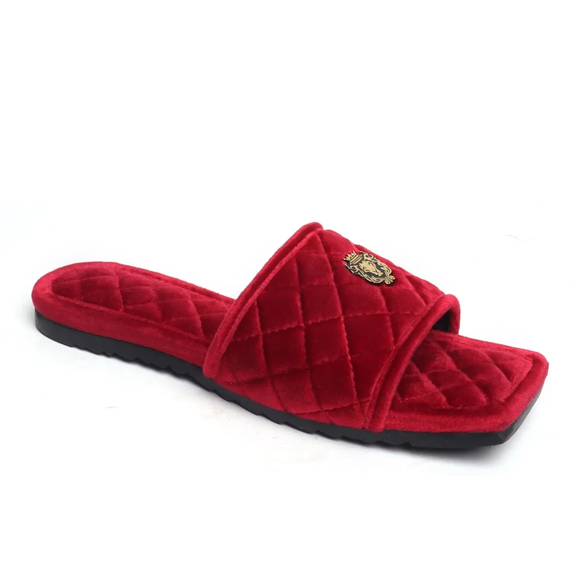 Women's Red Full Quilted Stitched Squared Toe Italian Velvet Slide-in Slippers By Brune & Bareskin