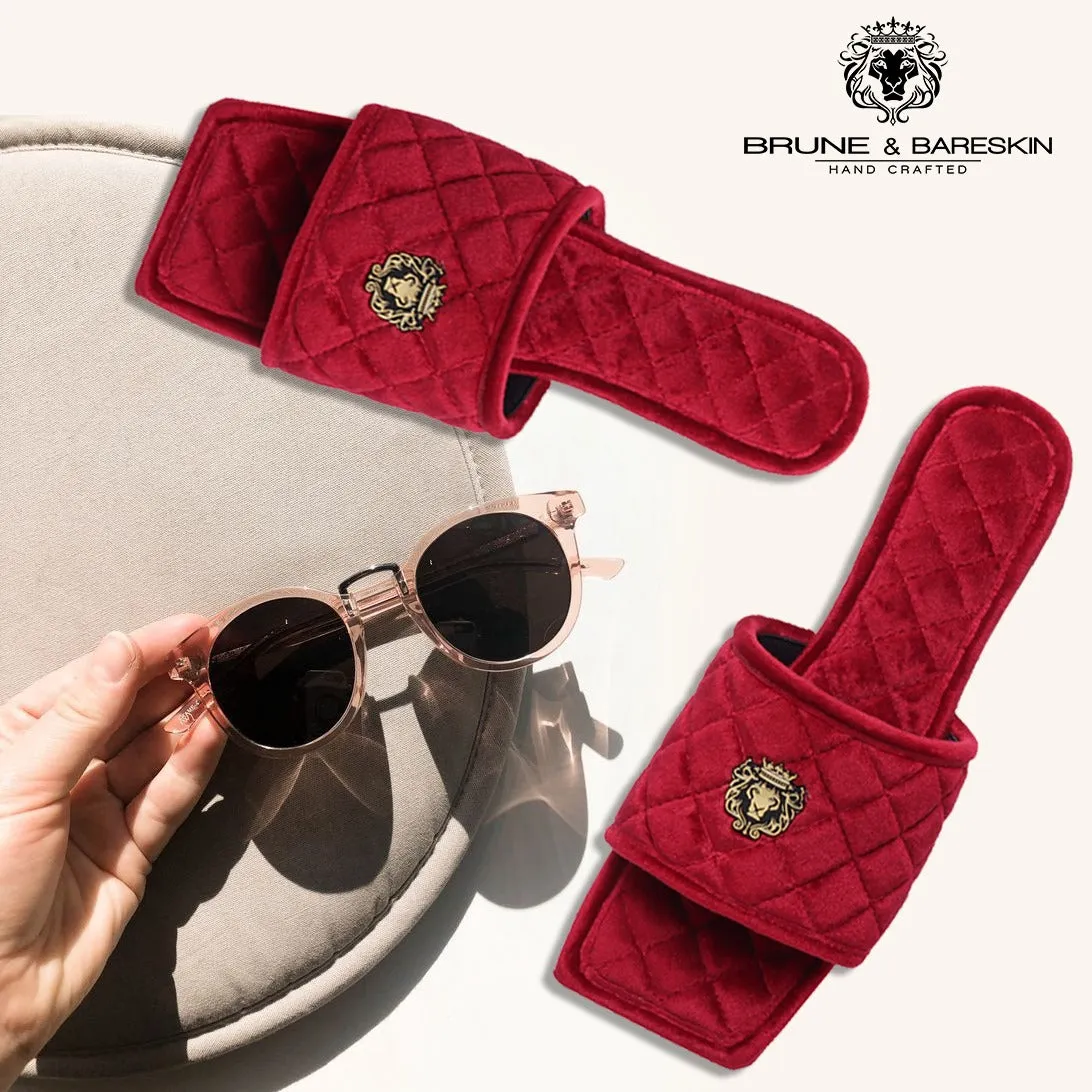 Women's Red Full Quilted Stitched Squared Toe Italian Velvet Slide-in Slippers By Brune & Bareskin