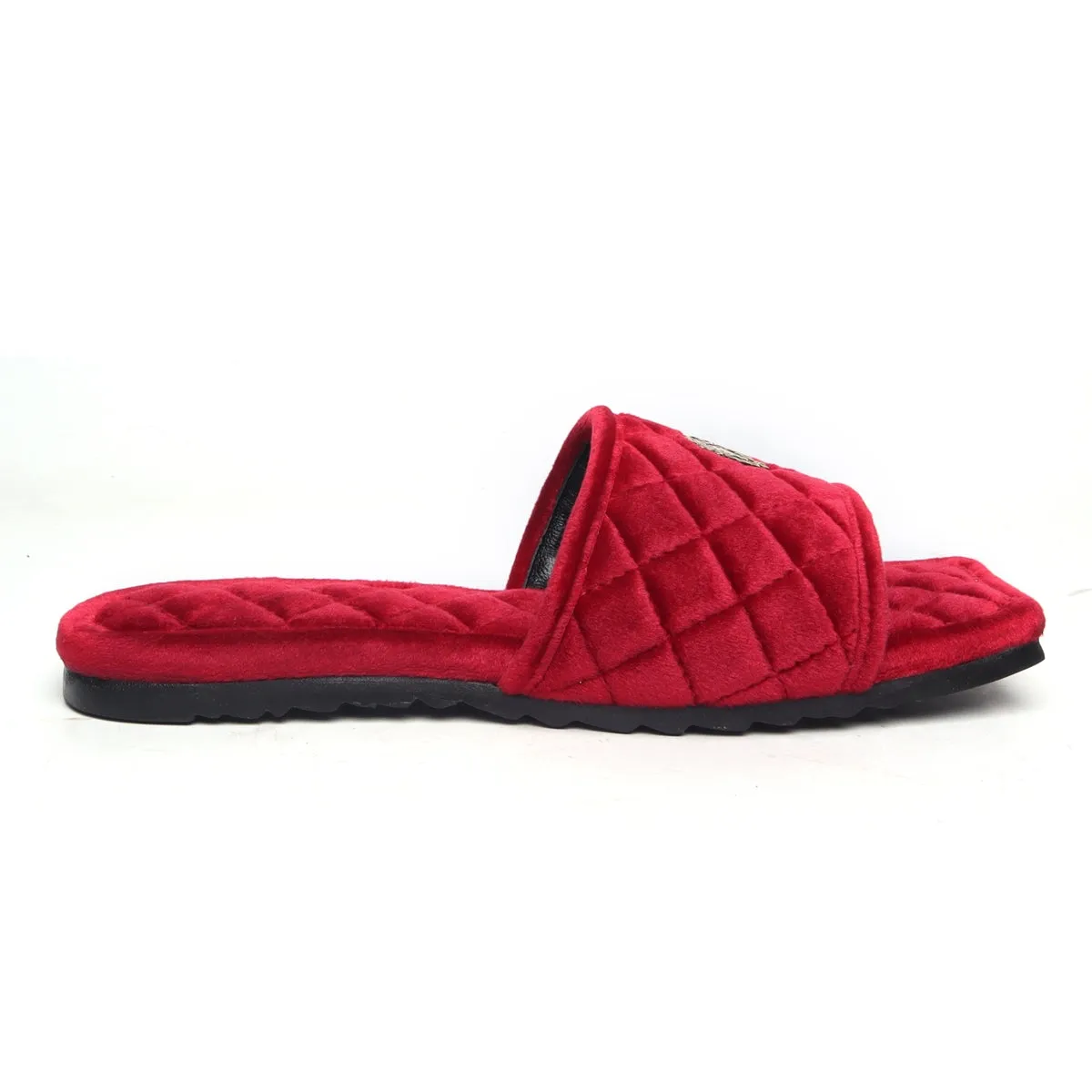 Women's Red Full Quilted Stitched Squared Toe Italian Velvet Slide-in Slippers By Brune & Bareskin
